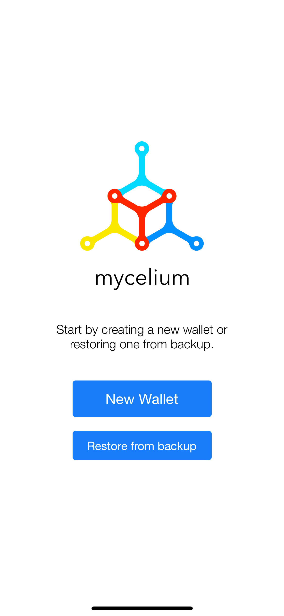 Mycelium Wallet App Setup Screen with "New Wallet" and "Restore from Backup"button