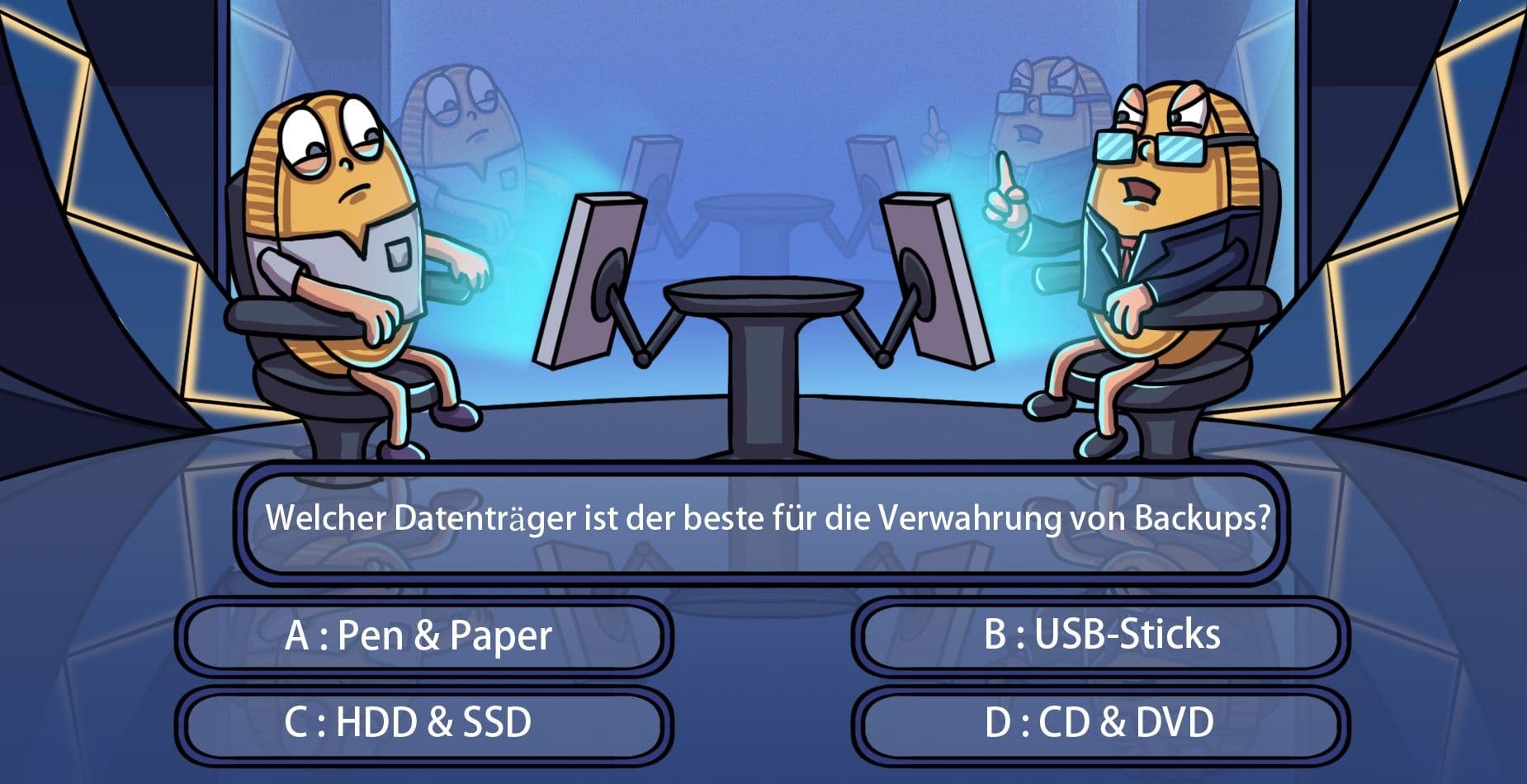 Quizshow mit der Frage über den besten Datenträger zur Sicherung von Wallet Backups mit Antwortmöglichkeiten