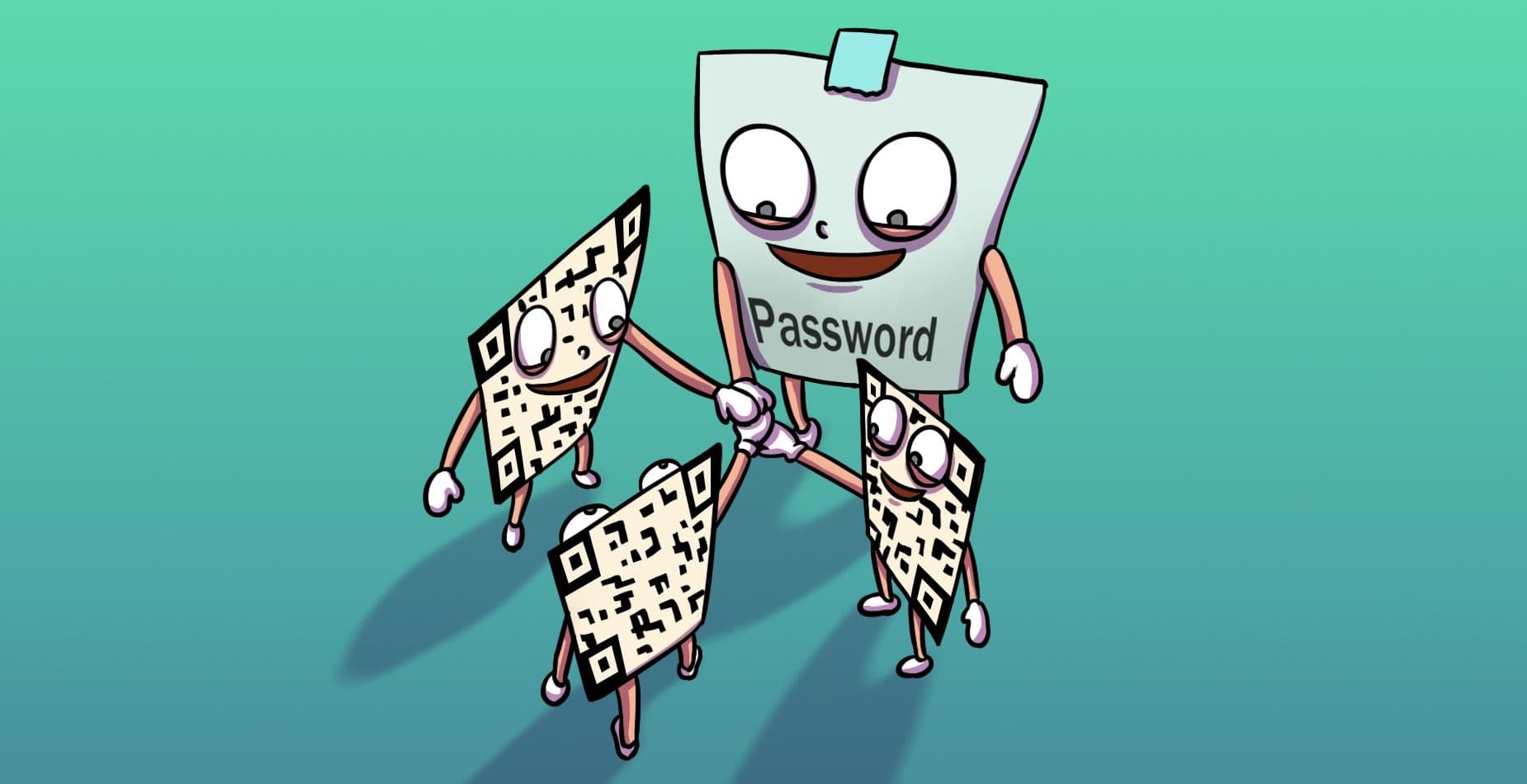 Three QR-Codes of the BitGo Keycard and a sheet with a password written on it, displayed as a team.