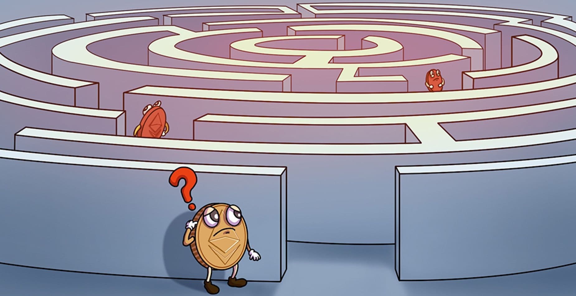 Ethereum Coins welche sich in einem Labyrinth verirrt haben.
