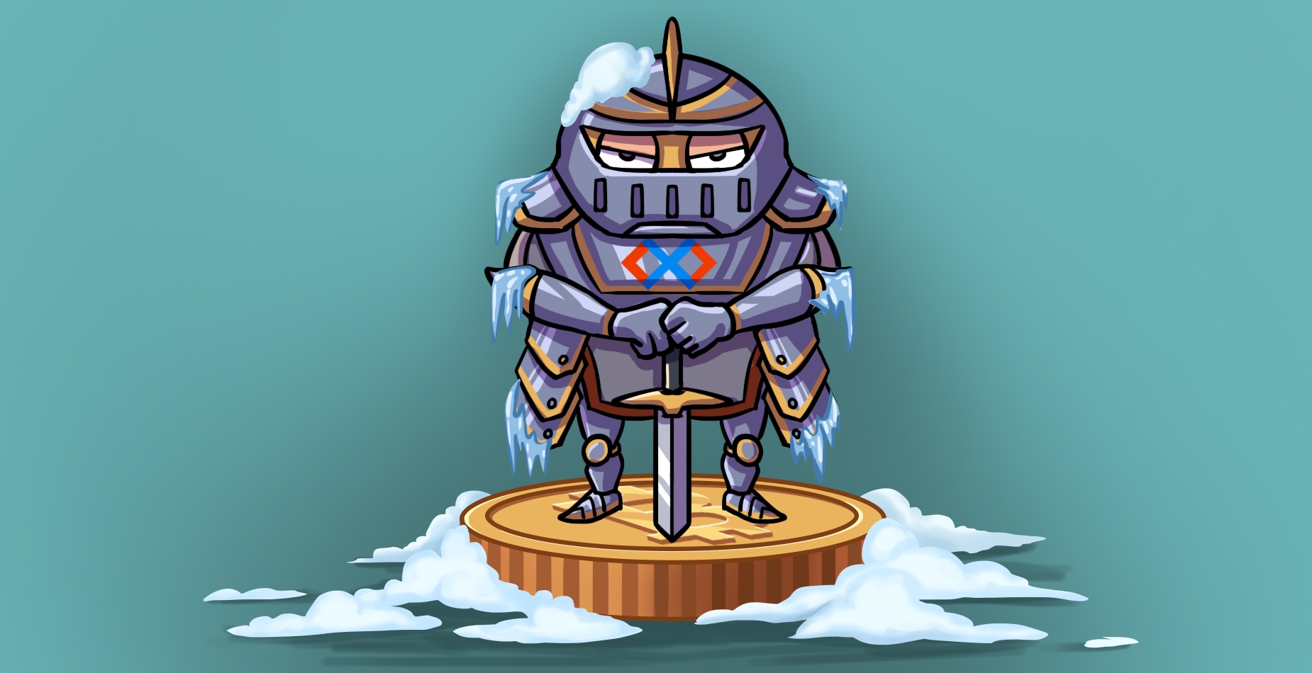 Eingefrorener Ritter mit Armory Logo auf der Brust und Schwert beschützt einen Bitcoin