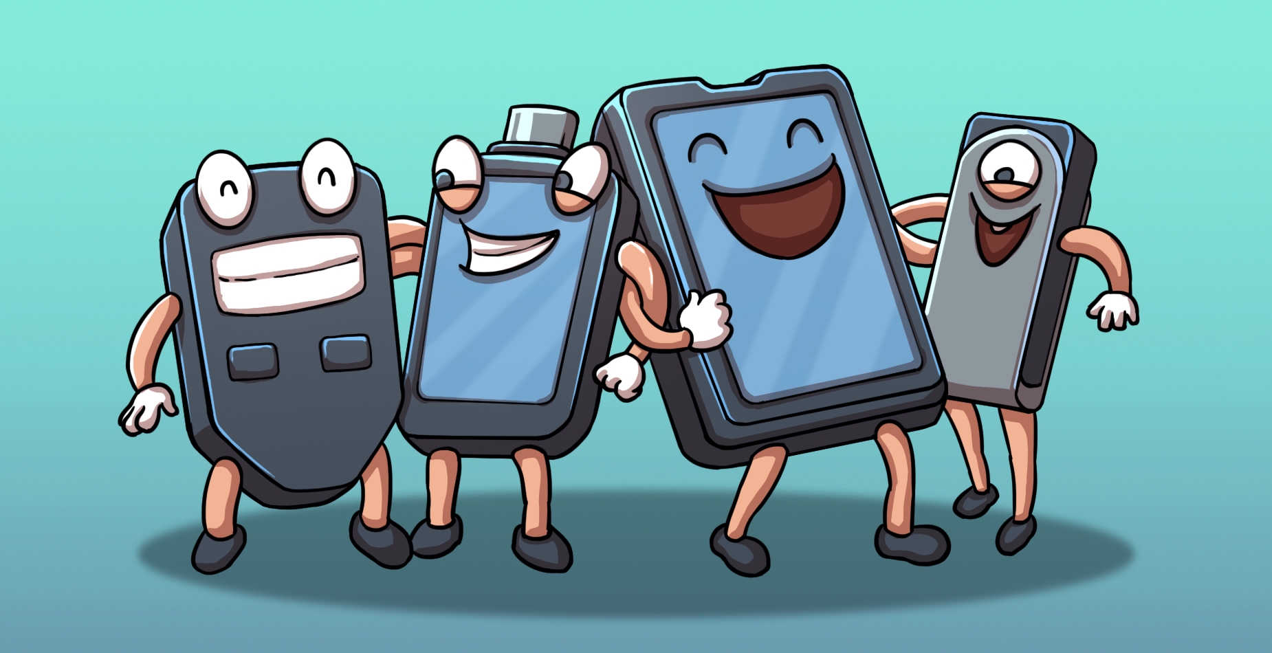Alle Hardware Wallets illustriert dargestellt auf einem Gruppenfoto mit Gesicht, Armen und Beinen