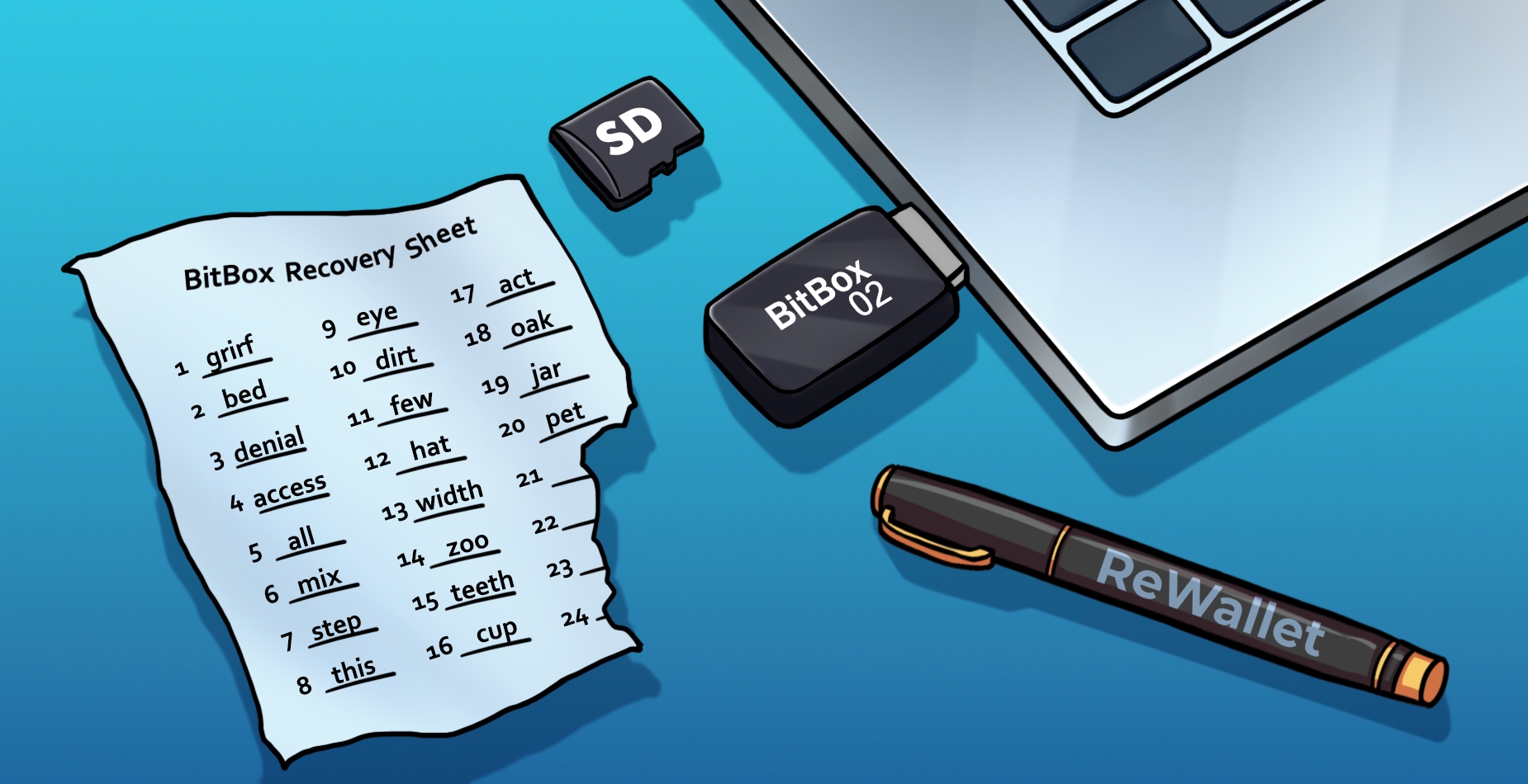 BitBox02, Backup SD Karte und 24 Wort Wiederherstellungsphrase auf einem Notizblatt, dargestellt neben einem Laptop. Der Wallet Recovery Service ReWallet hilft gerade bei der Wiederherstellung.