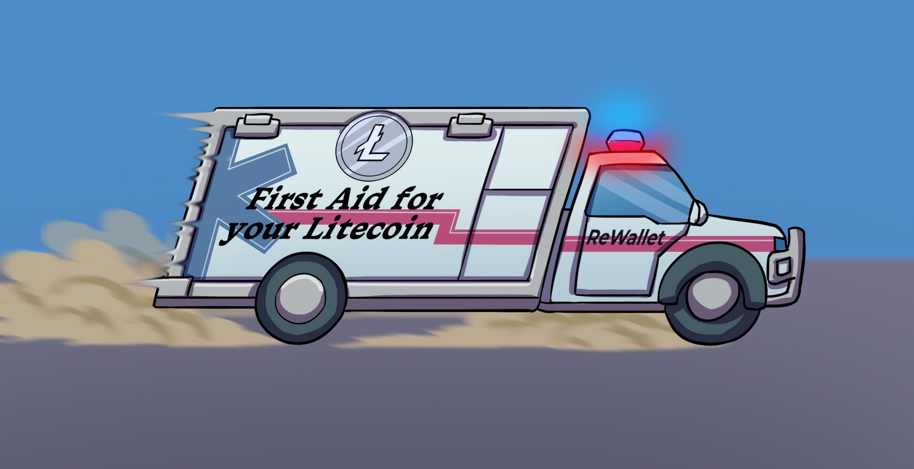 Ein Krankenwagen mit der Aufschrift:"First Aid for Litecoin", fährt mit eingeschaltenem Matrinshorn und hoher Geschwindigkeit