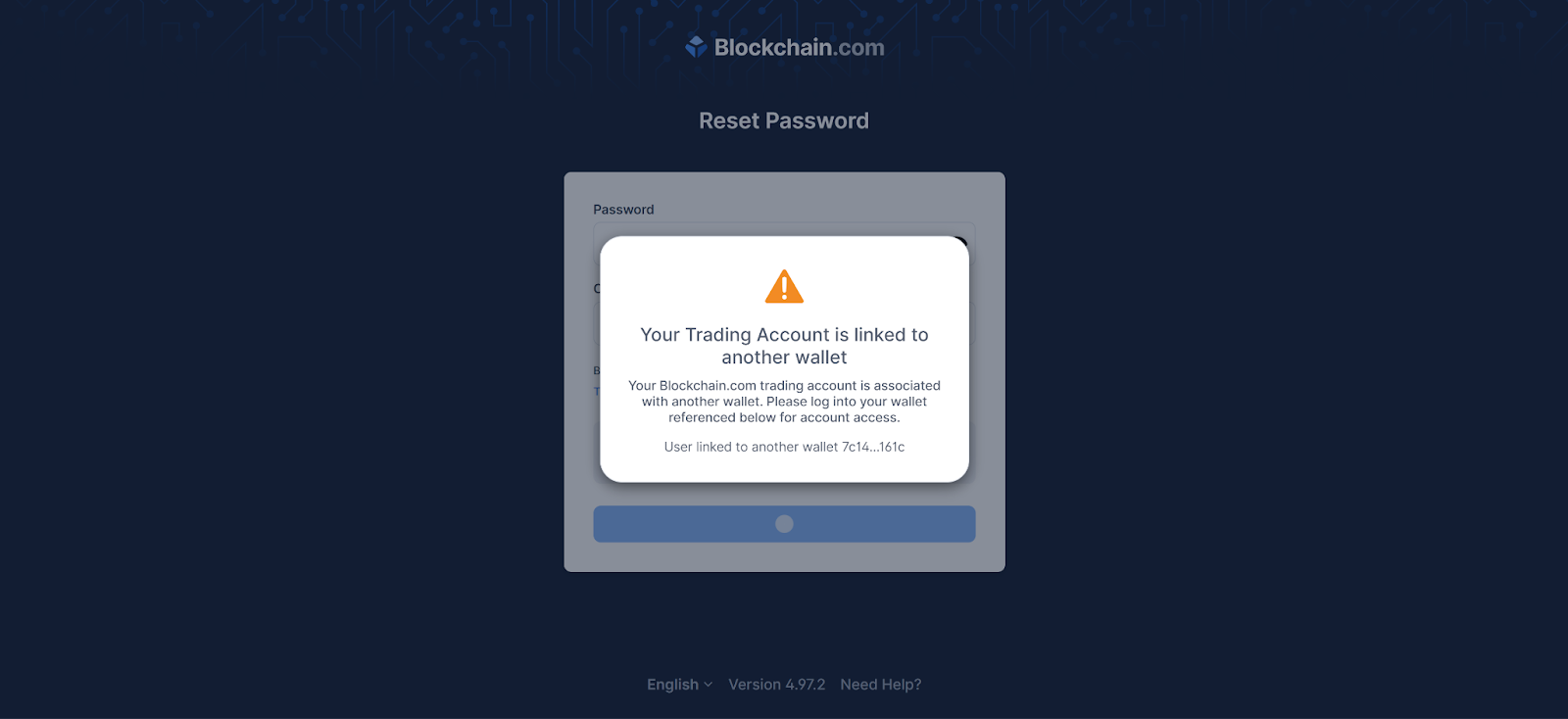 Blockchain.com Your Trading account is linked to another wallet error message