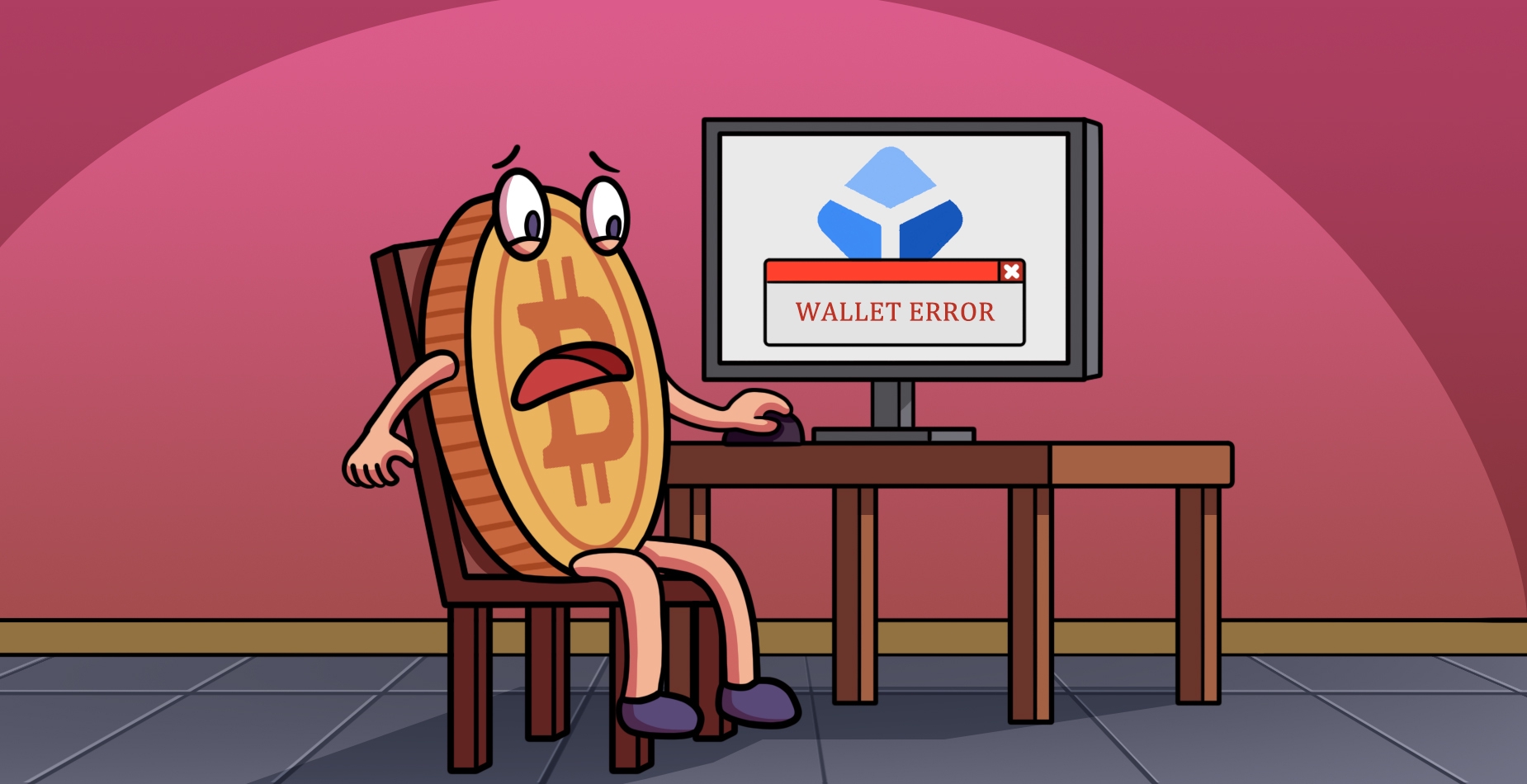 A Coin looking at his computerscreen with the Blockchain error message.