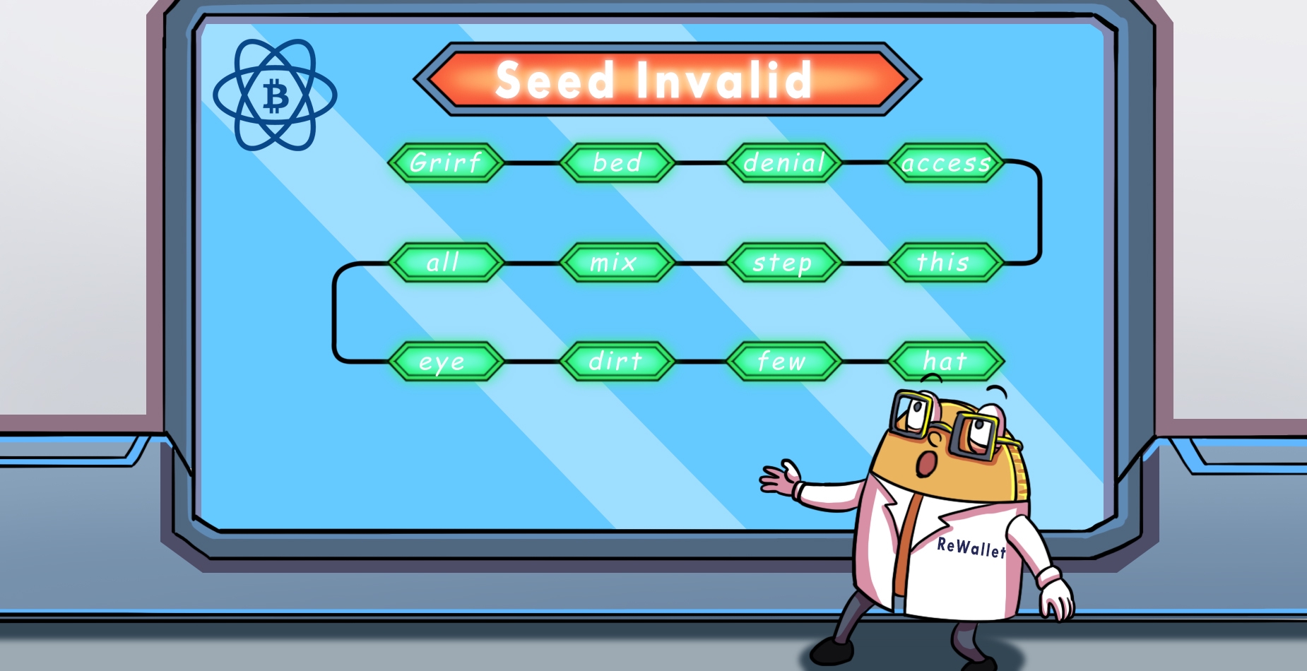 ReWallet scientist exploring the Electrum seed in a laboratory with the message: "Electrum seed invalid" 