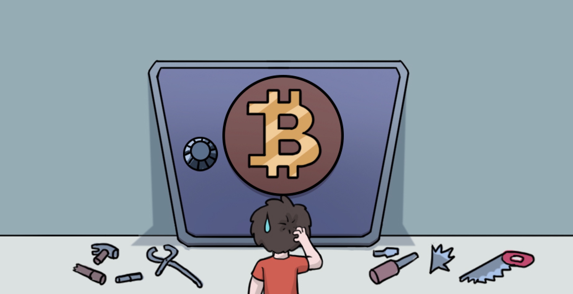 A person trying to unlock a safe with a Bitcoin logo using various tools, appearing to have no success.
