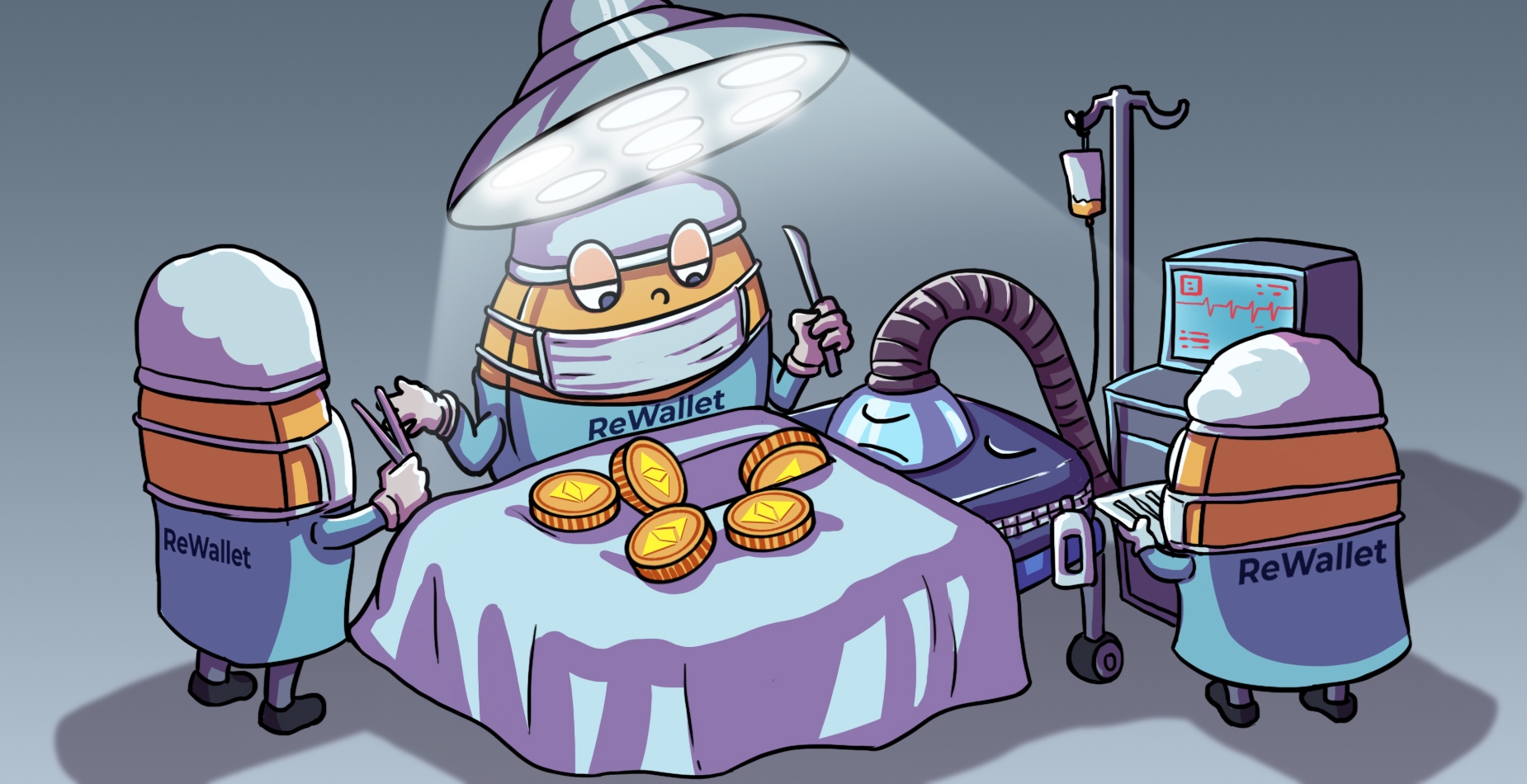 A team of surgeons dressed as coins extracting coins from a coinbase wallet