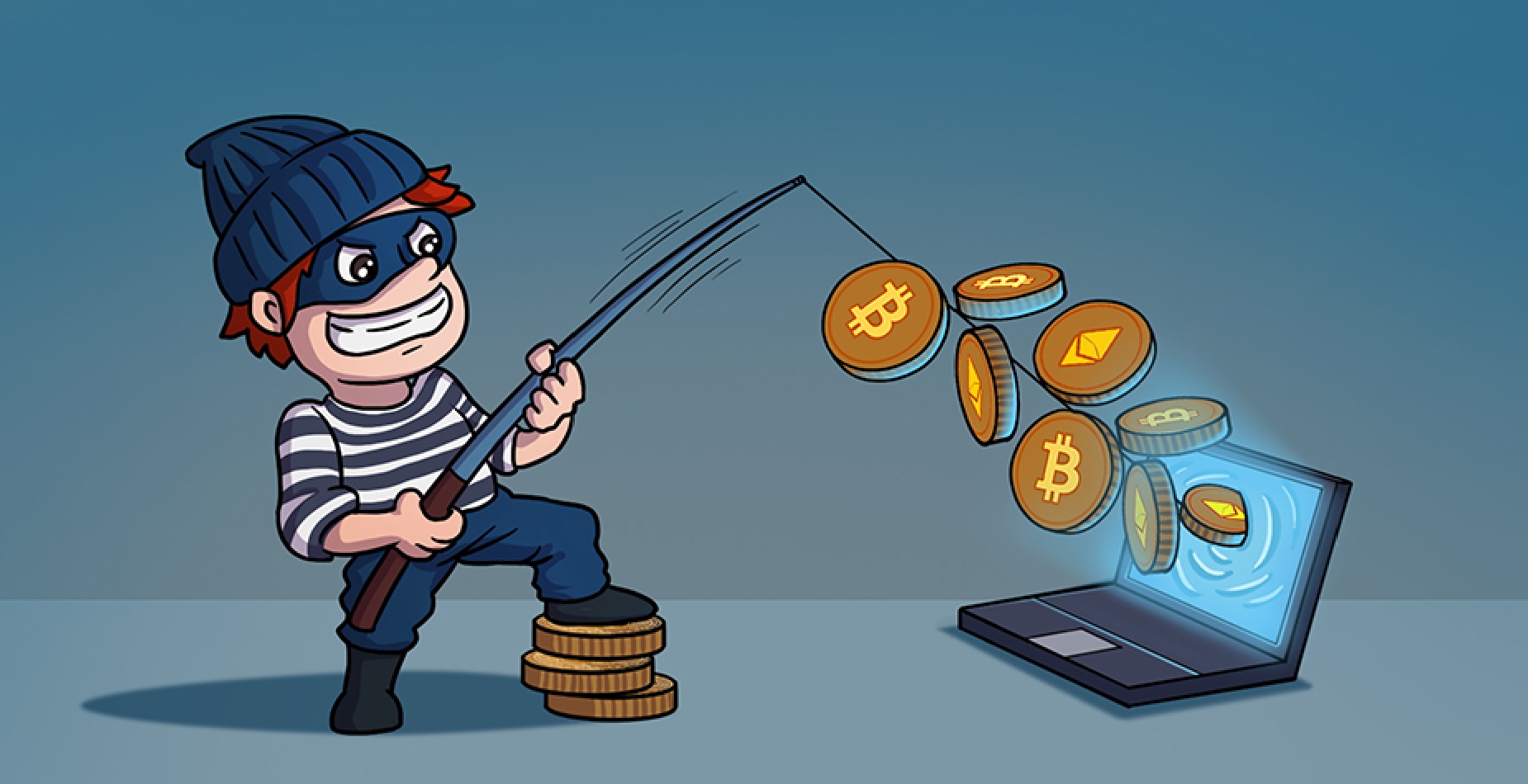 A thief using a fishing rod to fish cryptocurrency out of a laptop.