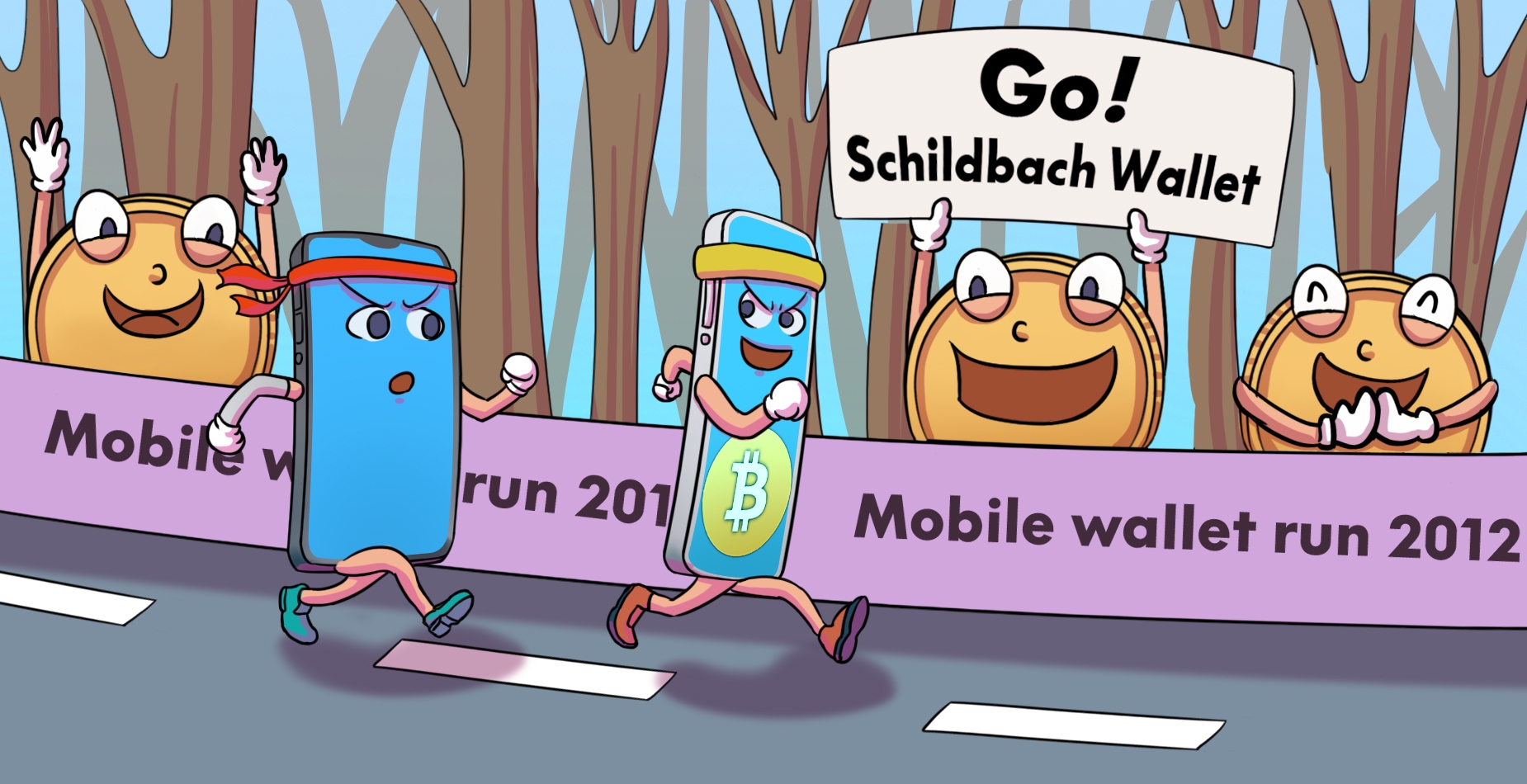 Smartphones running a marathon while coins are cheering them on. The smartphone with the Schildbach Logo is in 1st place.