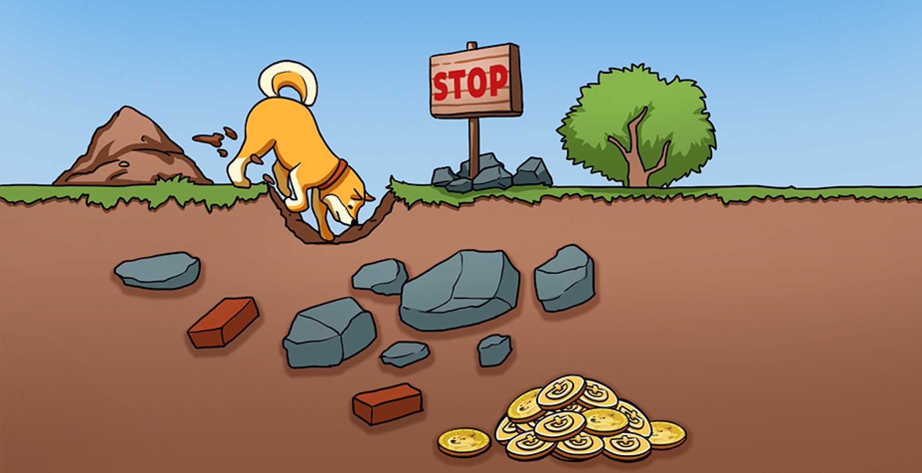 Shiba Inu digging for Dogecoins towards an insurmountable not yet visible obstacle under the ground.