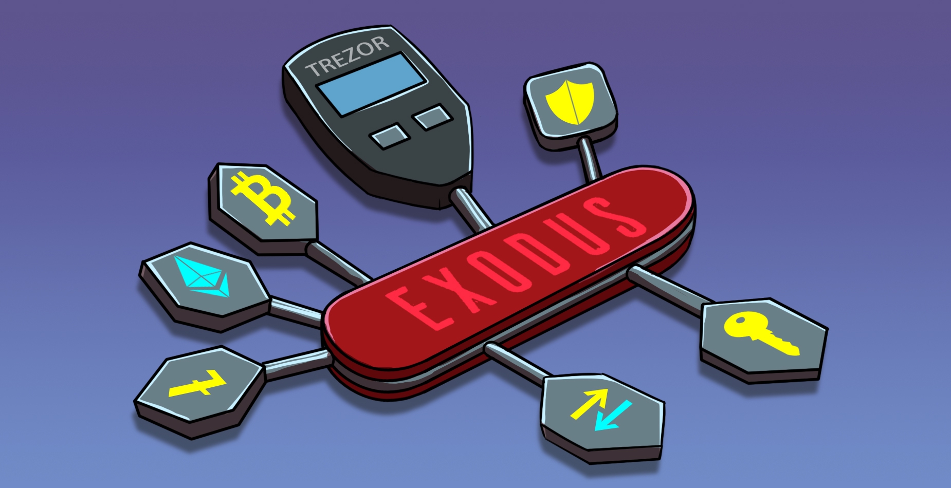 The advantages and features displayed as the elements of a swiss knife, featuring a trezor connected to it.