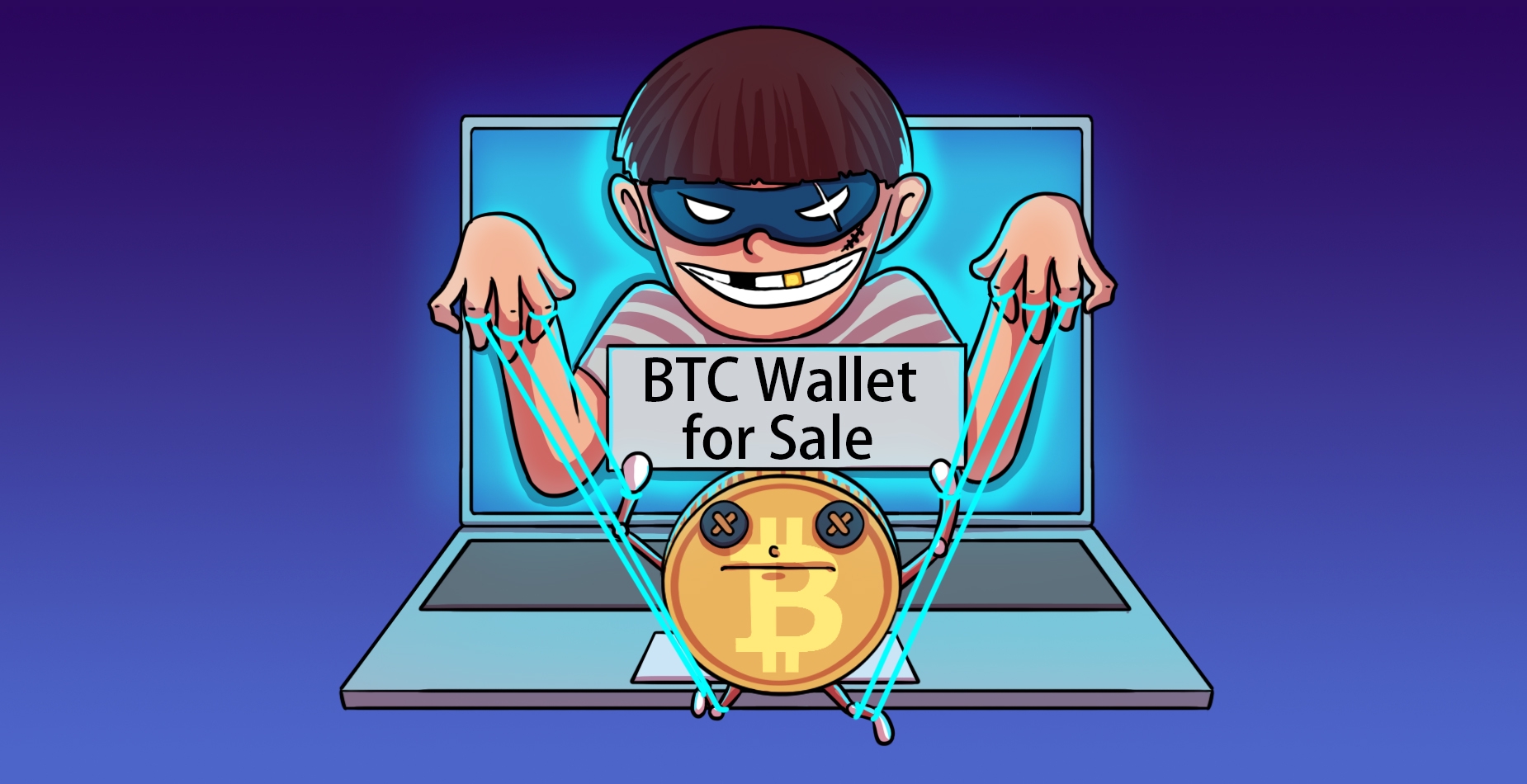 A criminal with a bitcoin as a puppet, holding a sign which states:"Wallet for sale".