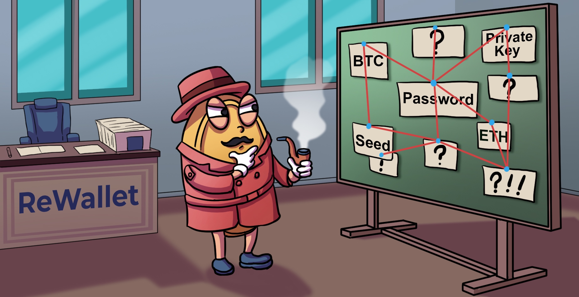 A coin dressed as an detectiv looking at a blackboard while hodling a pipe.
