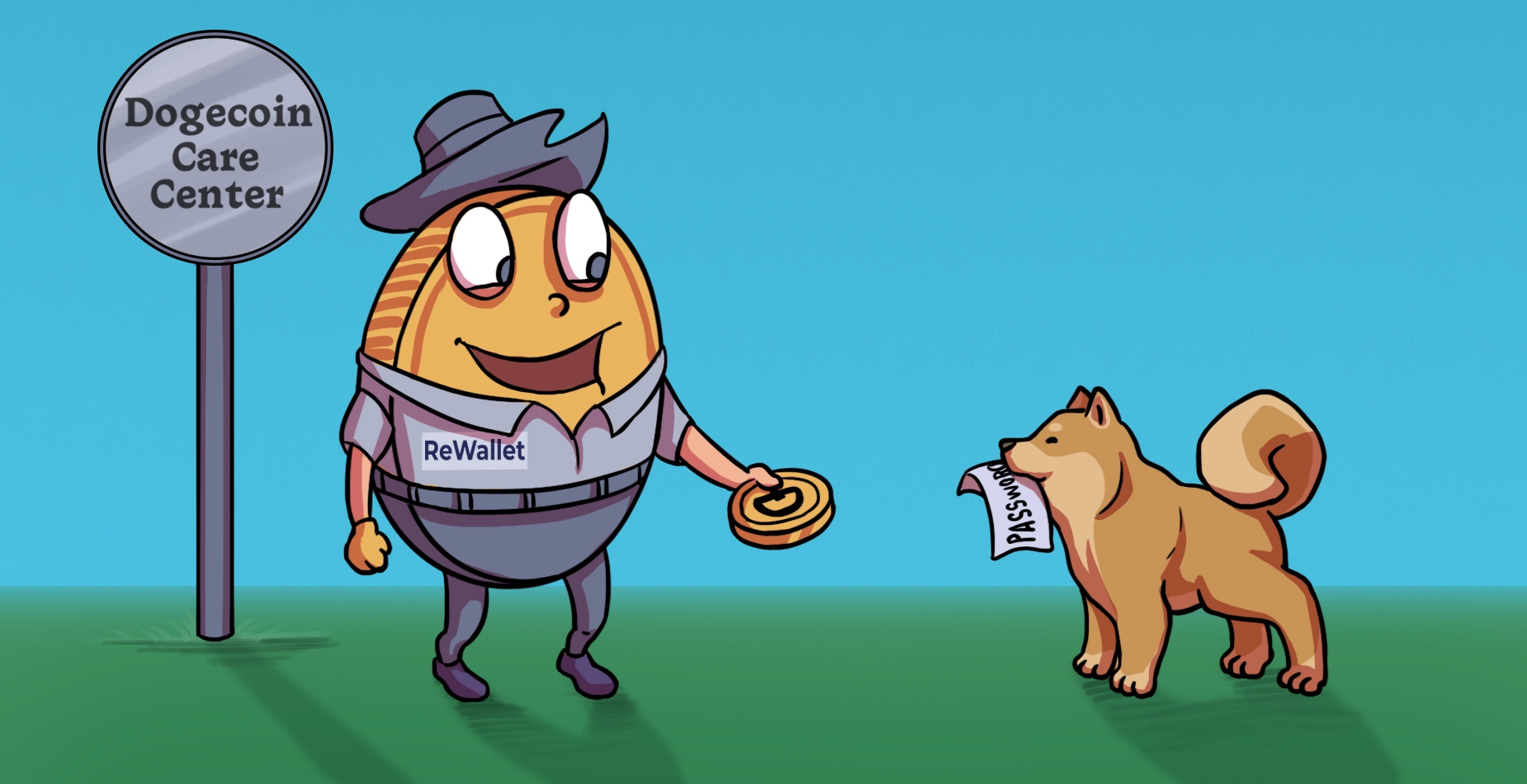 A shiba inu dog, exchanging the sheet of paper he is holding in his mouth with a coin dressed as a zookeeper.