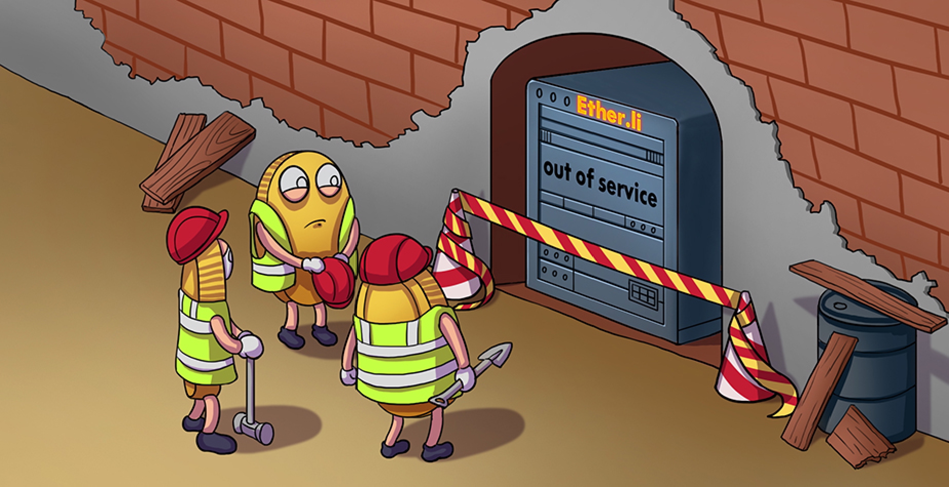 Three construction workers looking quizzically at the ether.li server rack that displays the message "out of service".