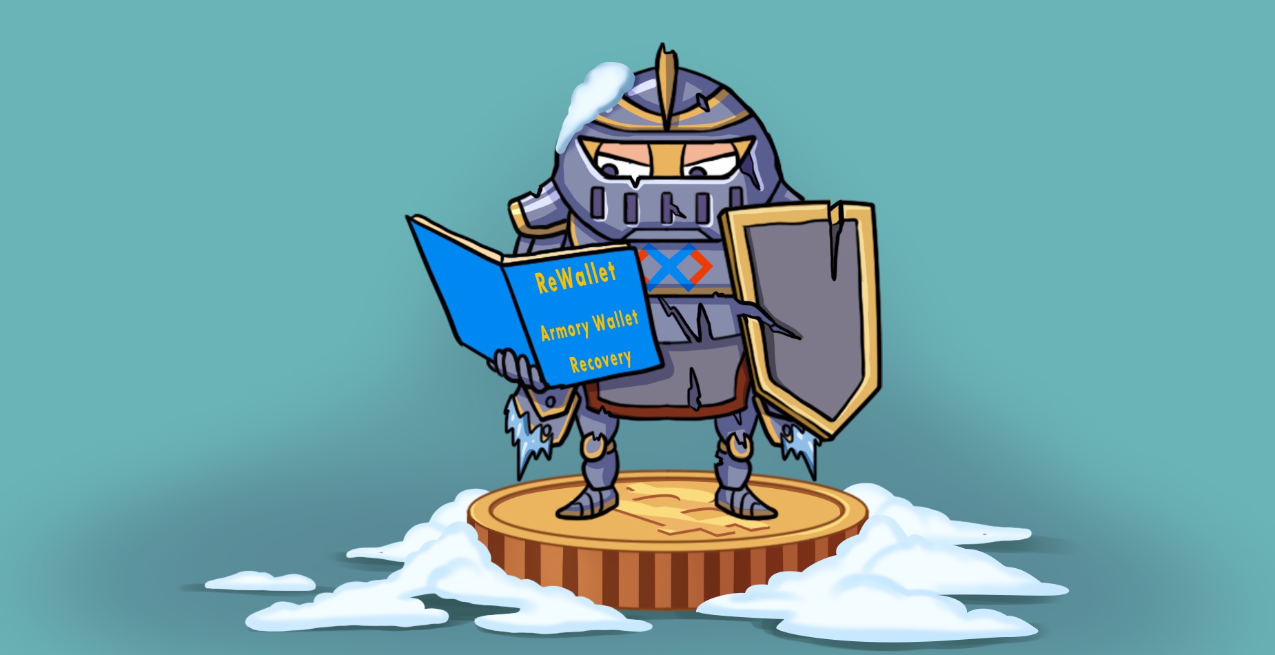 Une cryptocoin en armure de chevalier avec un bouclier, debout sur un bitcoin, lisant le guide de récupération du portefeuille Armory de ReWallet.