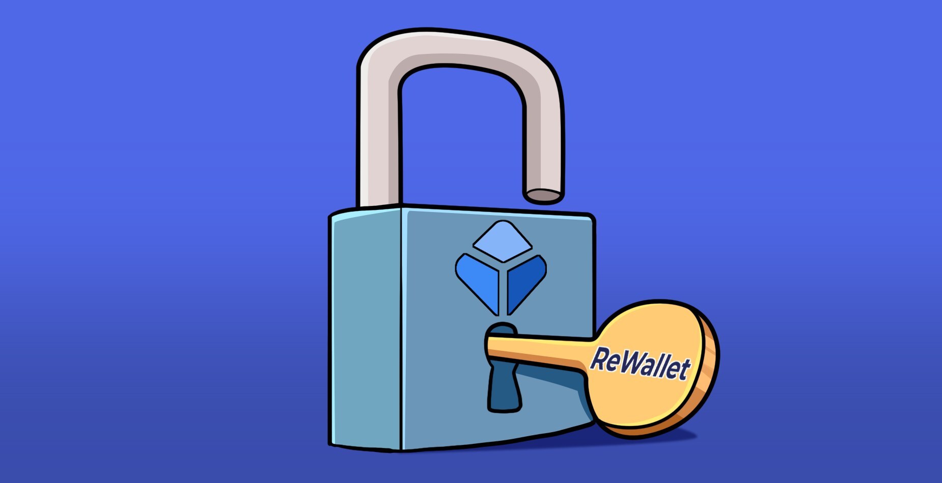 Un cadenas déverrouillé avec le logo Blockchain.com, dans lequel est insérée une clé avec le logo ReWallet, illustrant le processus de récupération du mot de passe Blockchain.